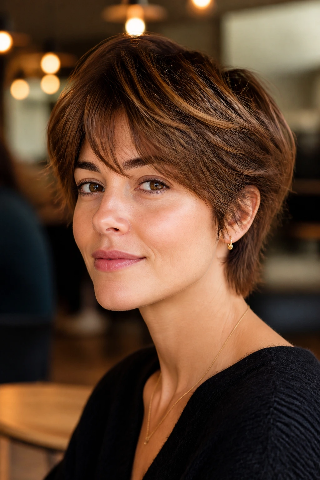 Close-up of real person with layered bixie hairstyle