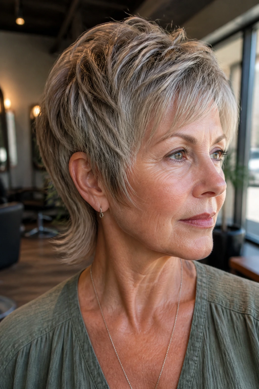 Layered bixie mullet close-up portrait of a real woman in a warm salon