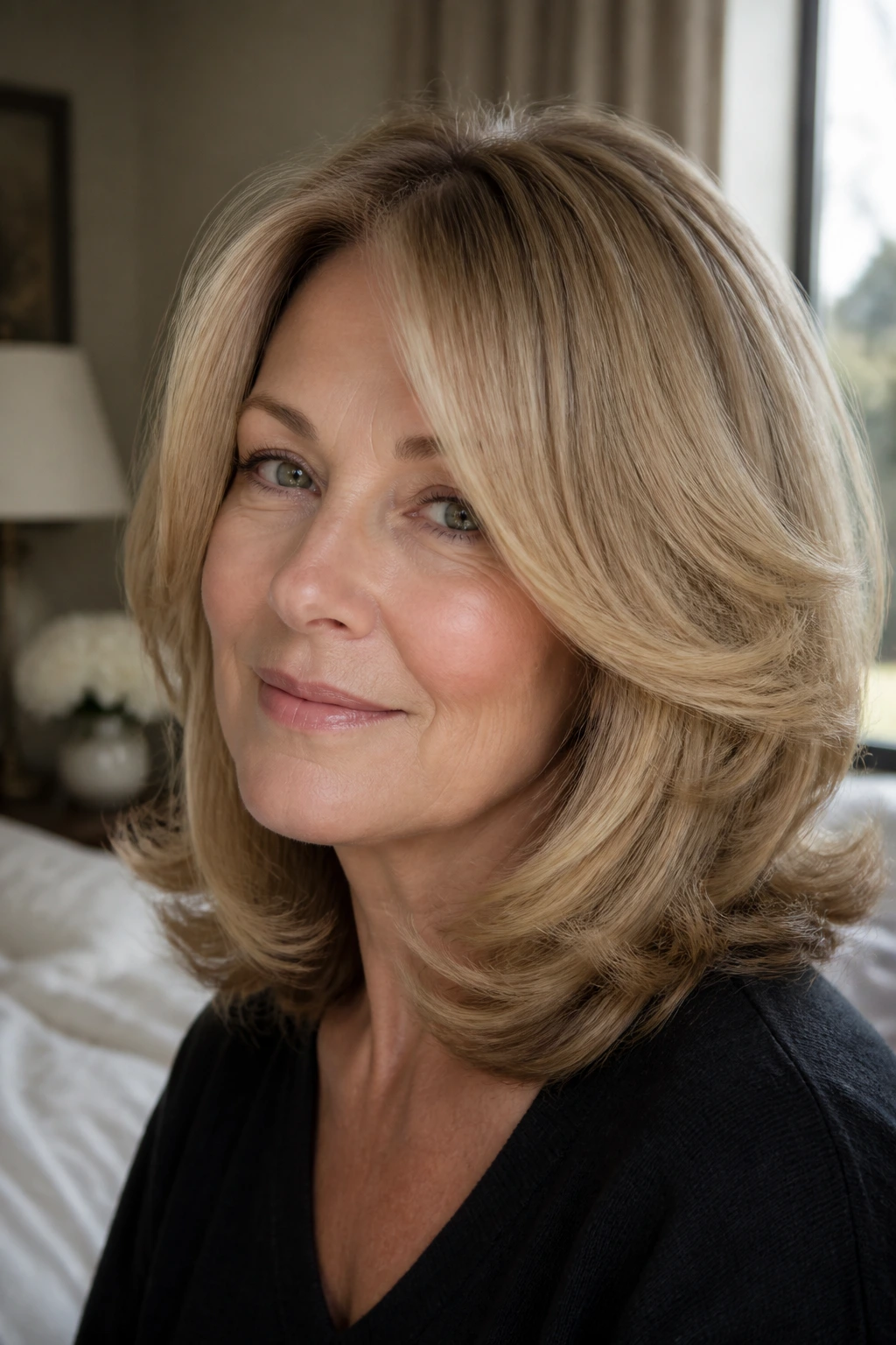 Close-up of a real woman's layered blowout with rounded ends, soft body at the crown in warm bedroom light