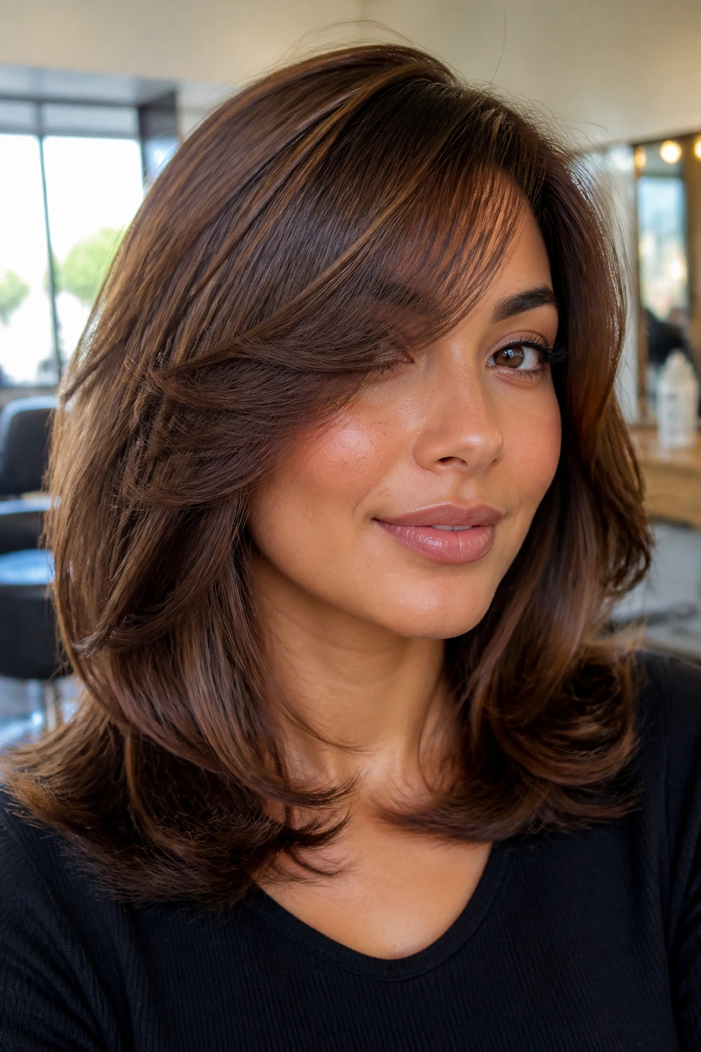 Close-up of layered blowout with side bangs on a real person