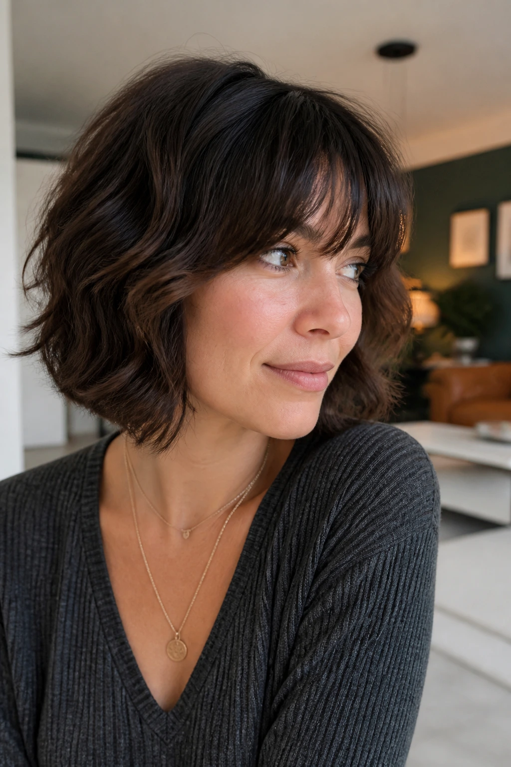 Woman with layered bob bangs blending into the bob in a softly lit living room