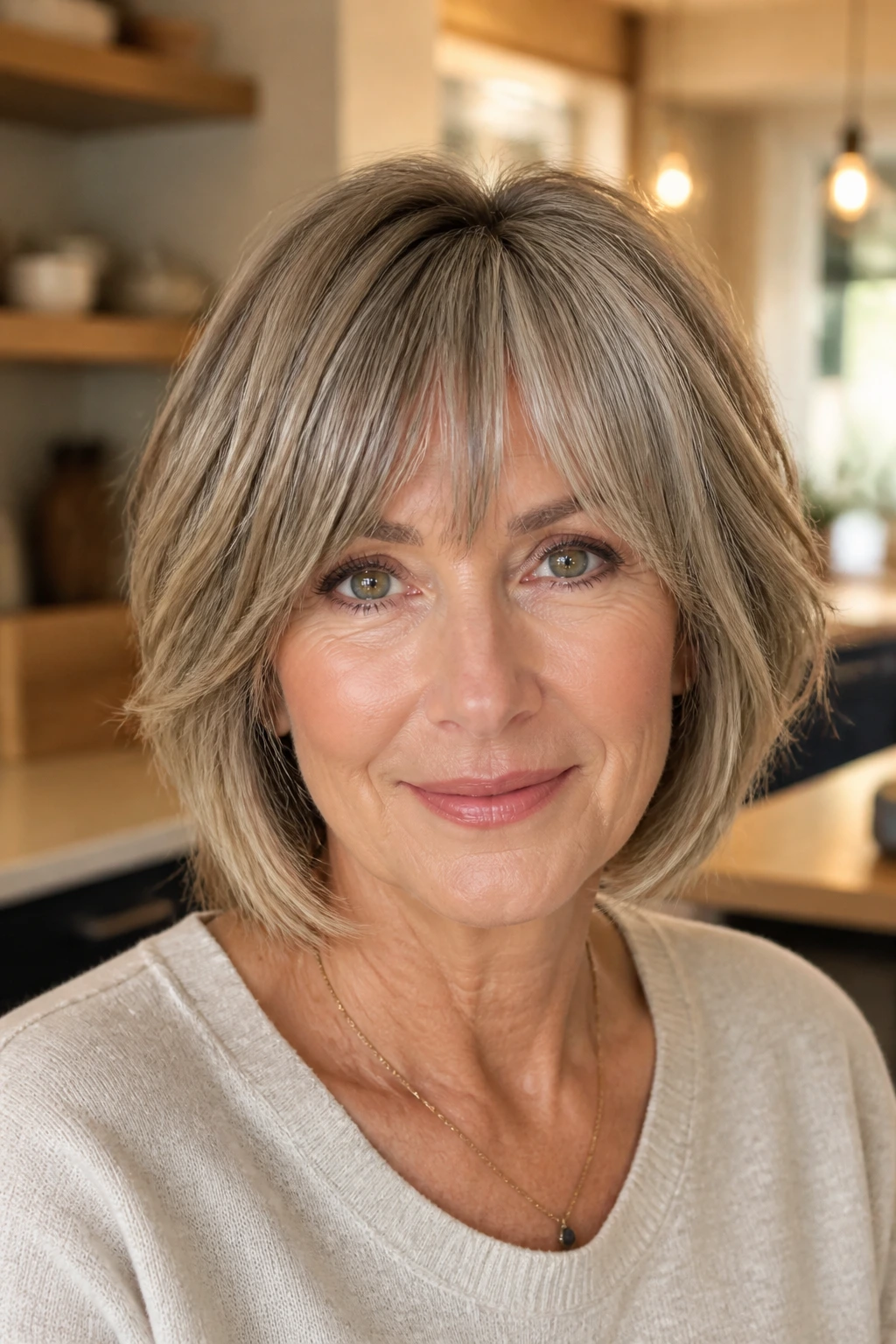 Portrait of a real woman with layered bob and bottleneck bangs