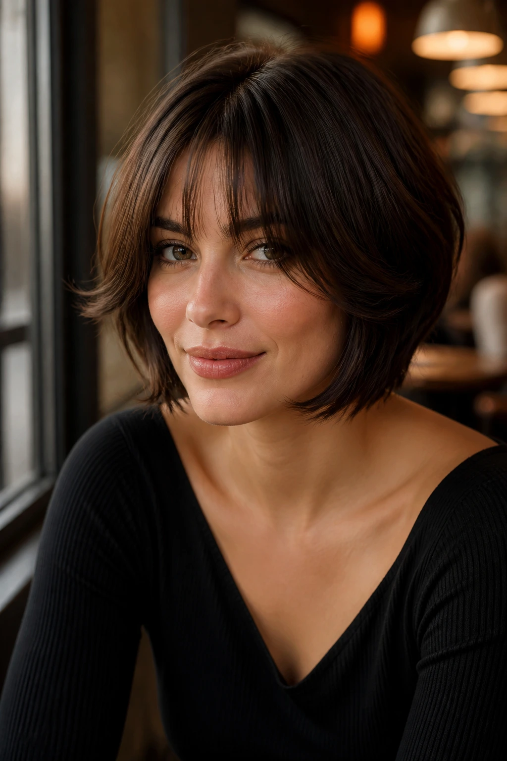 Close-up of real woman with bottleneck bangs and layered bob in cafe window light
