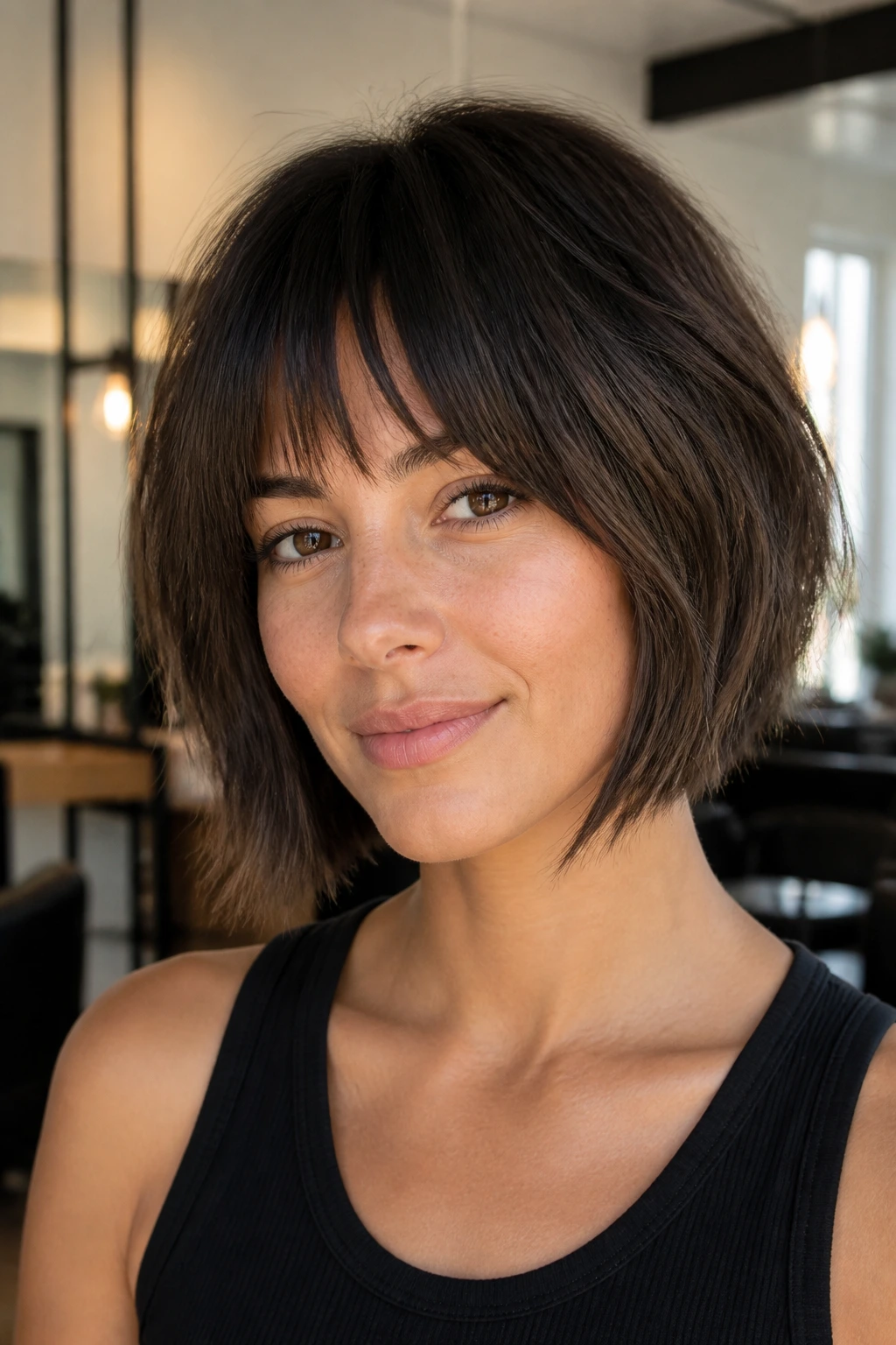 Portrait of a real person with layered bob and bottleneck fringe in a sunny salon