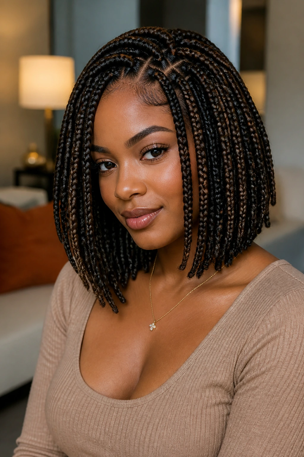 Close-up of a real woman with layered bob box braids