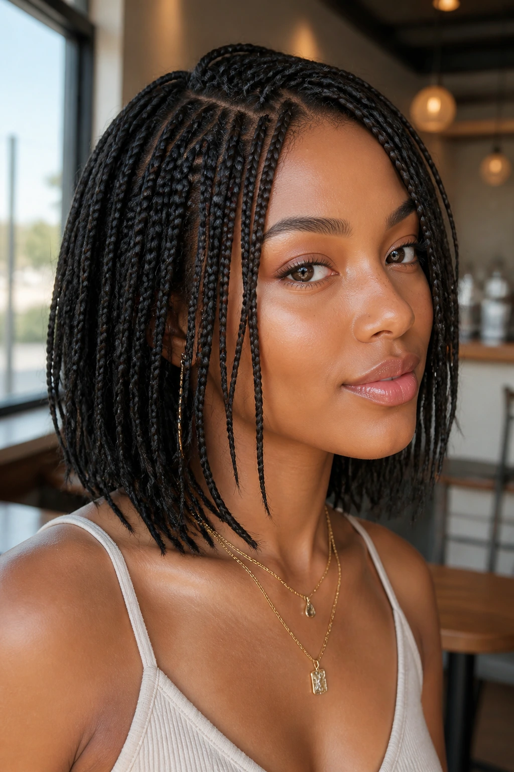 Close-up of a real person with layered bob braids showing mixed lengths and soft swing.