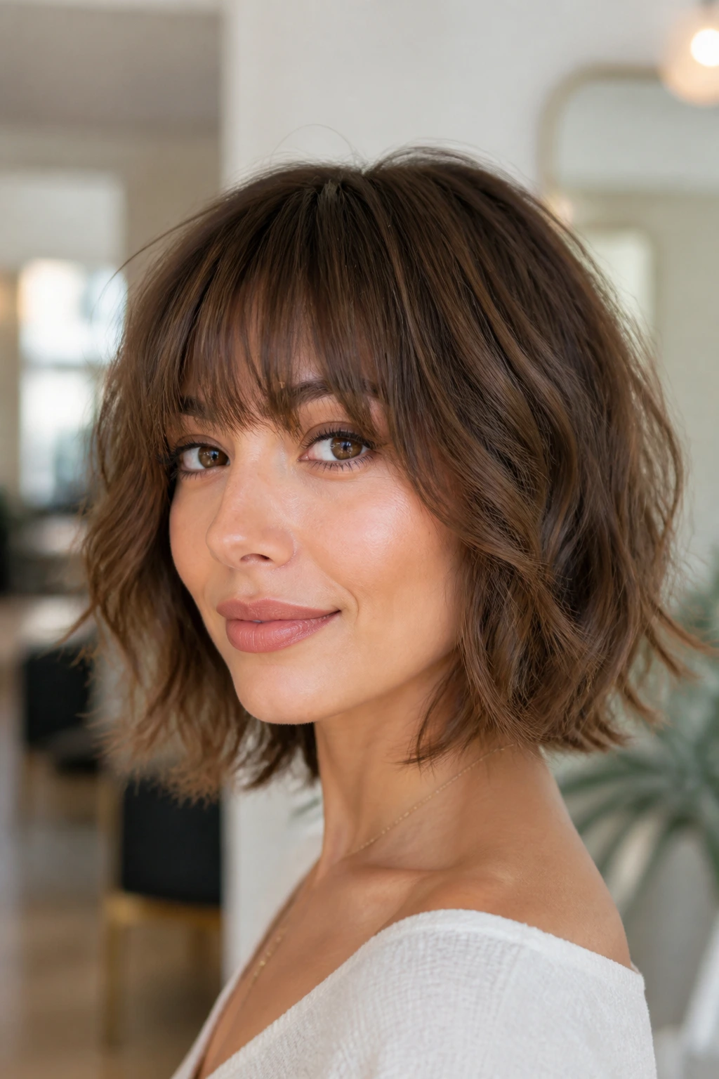 Real woman with layered bob and brushed-down fringe showing movement.
