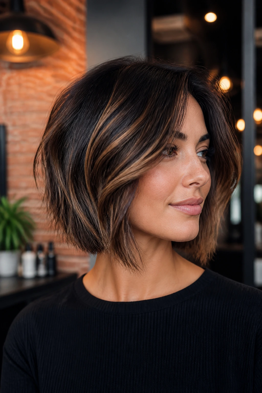Close-up portrait of a real woman with layered bob and caramel ribbons on dark brown hair