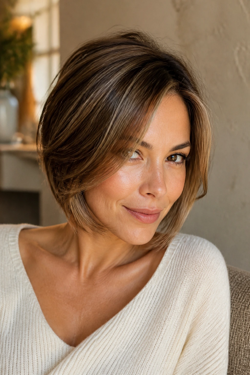 Portrait showing layered bob with crown and cheekbone layers