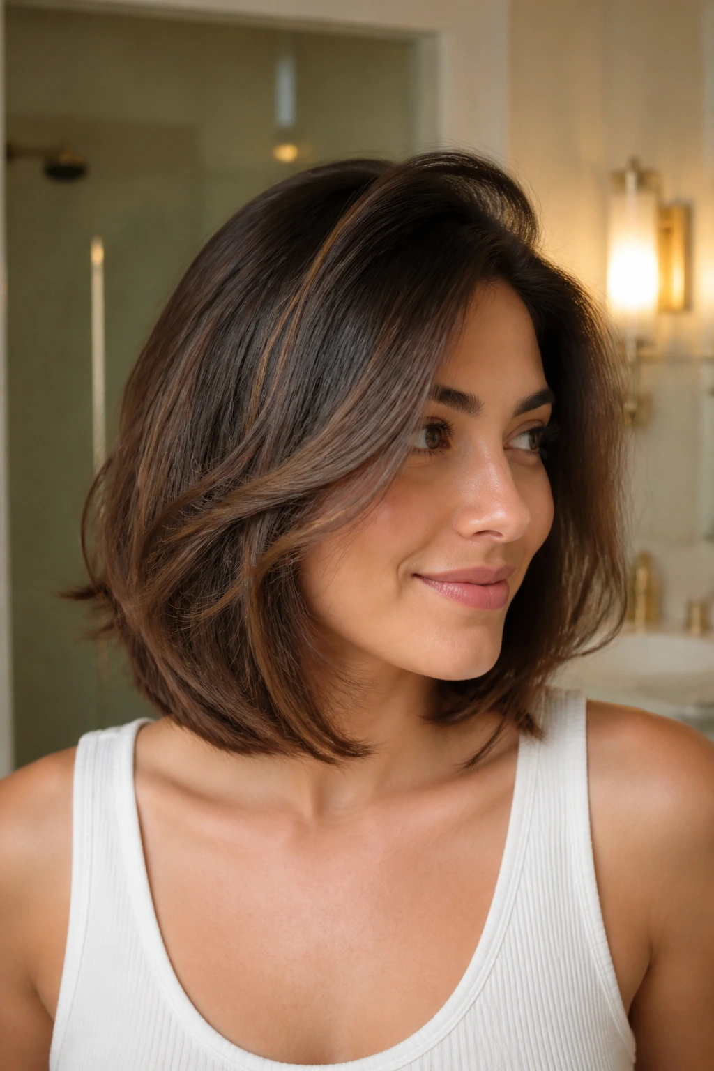 Portrait of a real person with layered bob demonstrating crown lift and intentional front pieces