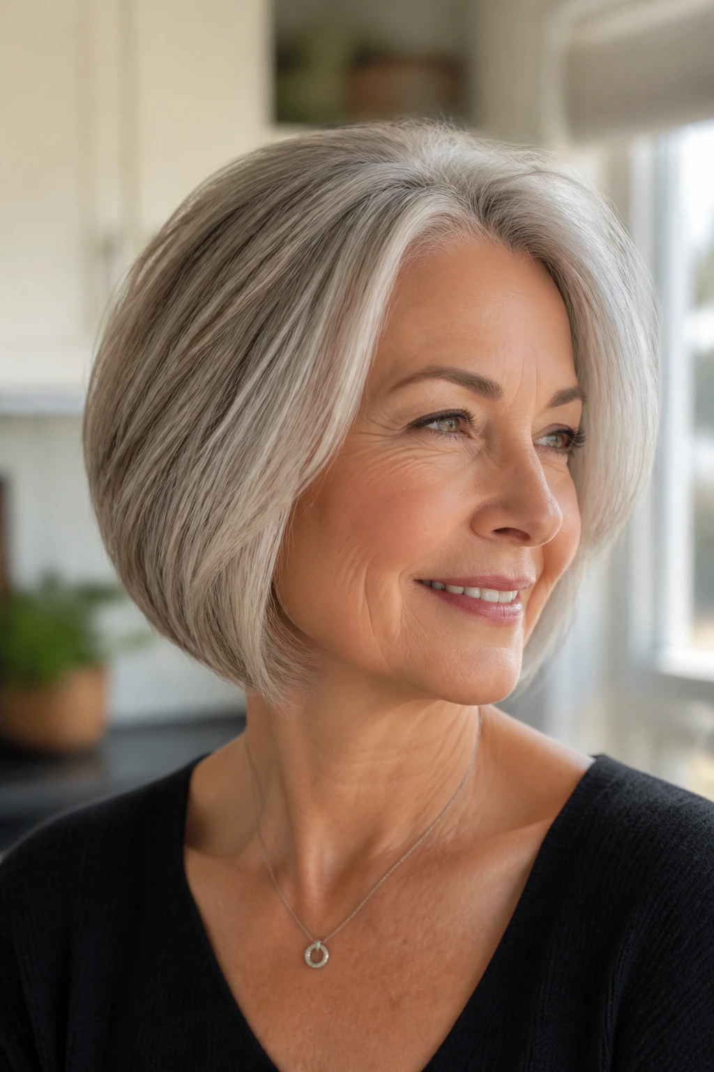 Portrait of an older woman with a layered bob showing crown volume