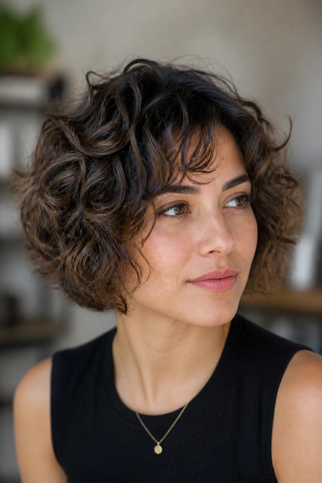 Portrait of layered bob with curly-specific variation indoors