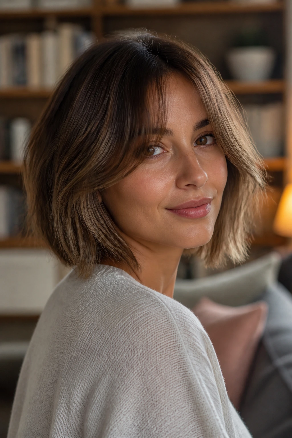 Close-up of a real woman with layered bob and curtain bangs in a cozy living room