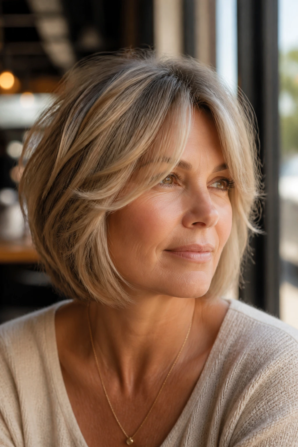 Close-up of a woman with layered bob and curtain bangs in soft window light