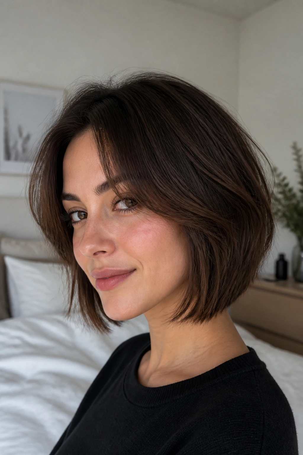 Real woman with curtain bangs and layered bob.