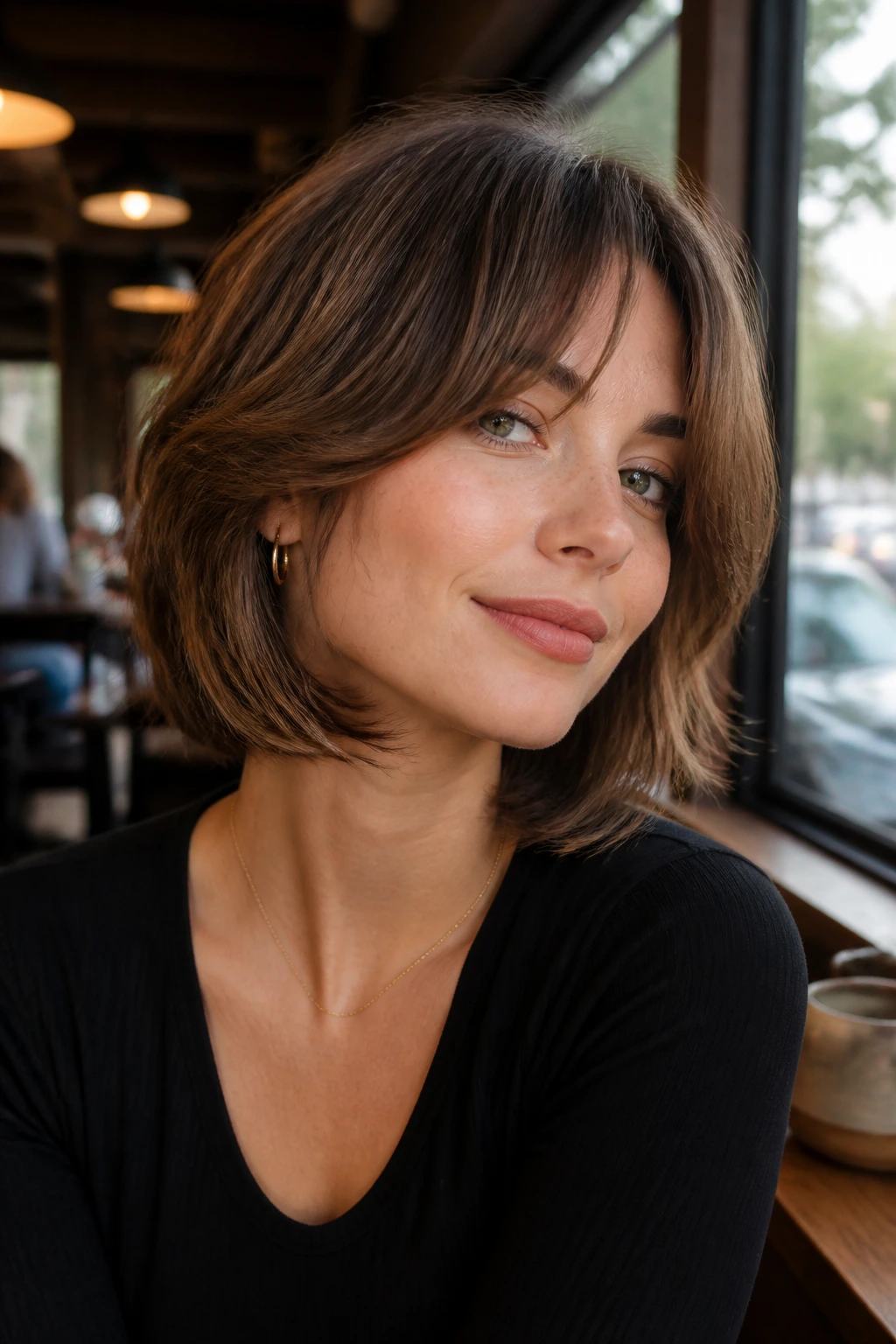 Portrait of a woman with layered bob and curtain bangs in warm cafe light.