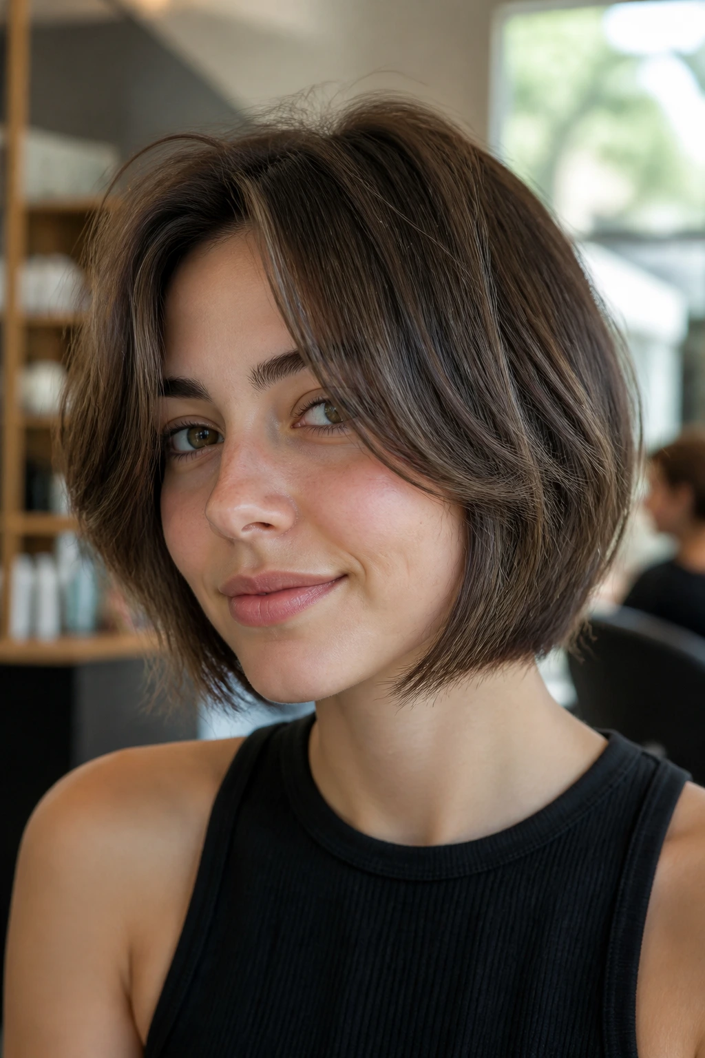 Close-up portrait of a real woman with layered bob and curtain bangs