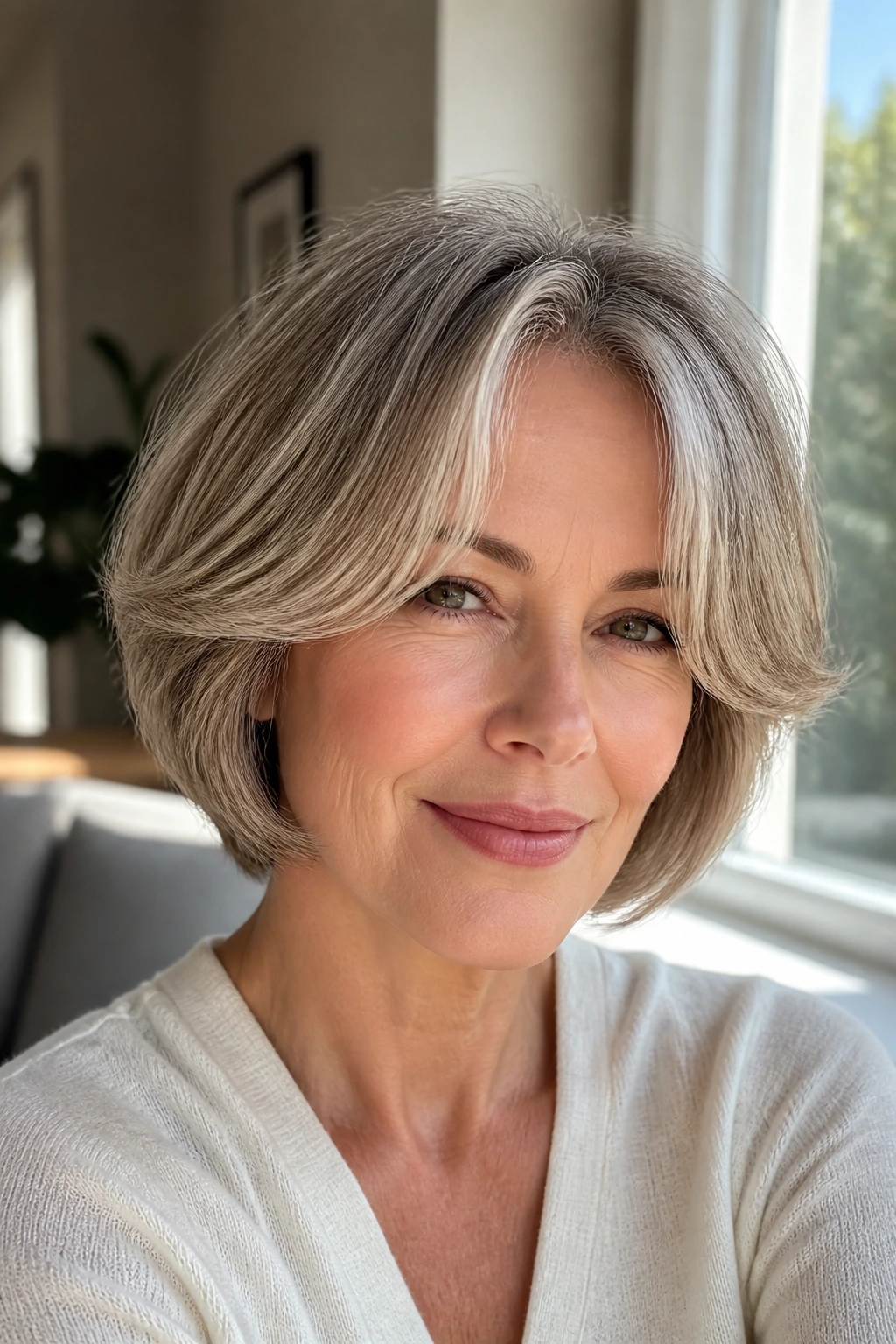 Close-up portrait of a woman with a layered bob and curtain fringe that frames the eyes.
