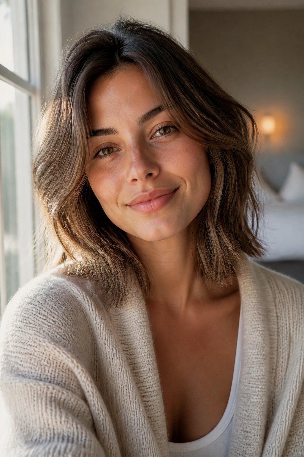 Real person with layered bob styled for daily wear in natural window light