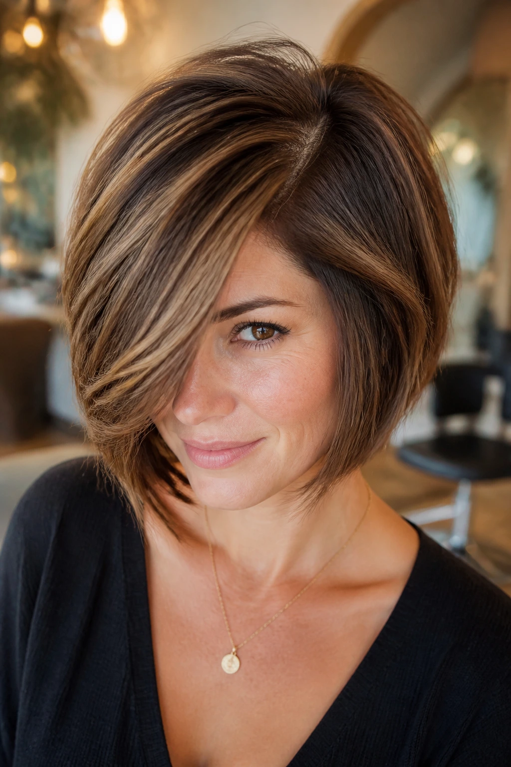 Close-up portrait of layered bob with a deep side part on a real person.