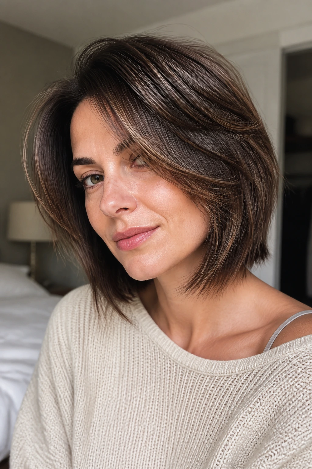 Close-up of real person with layered bob showing perimeter and texture in softly lit bedroom