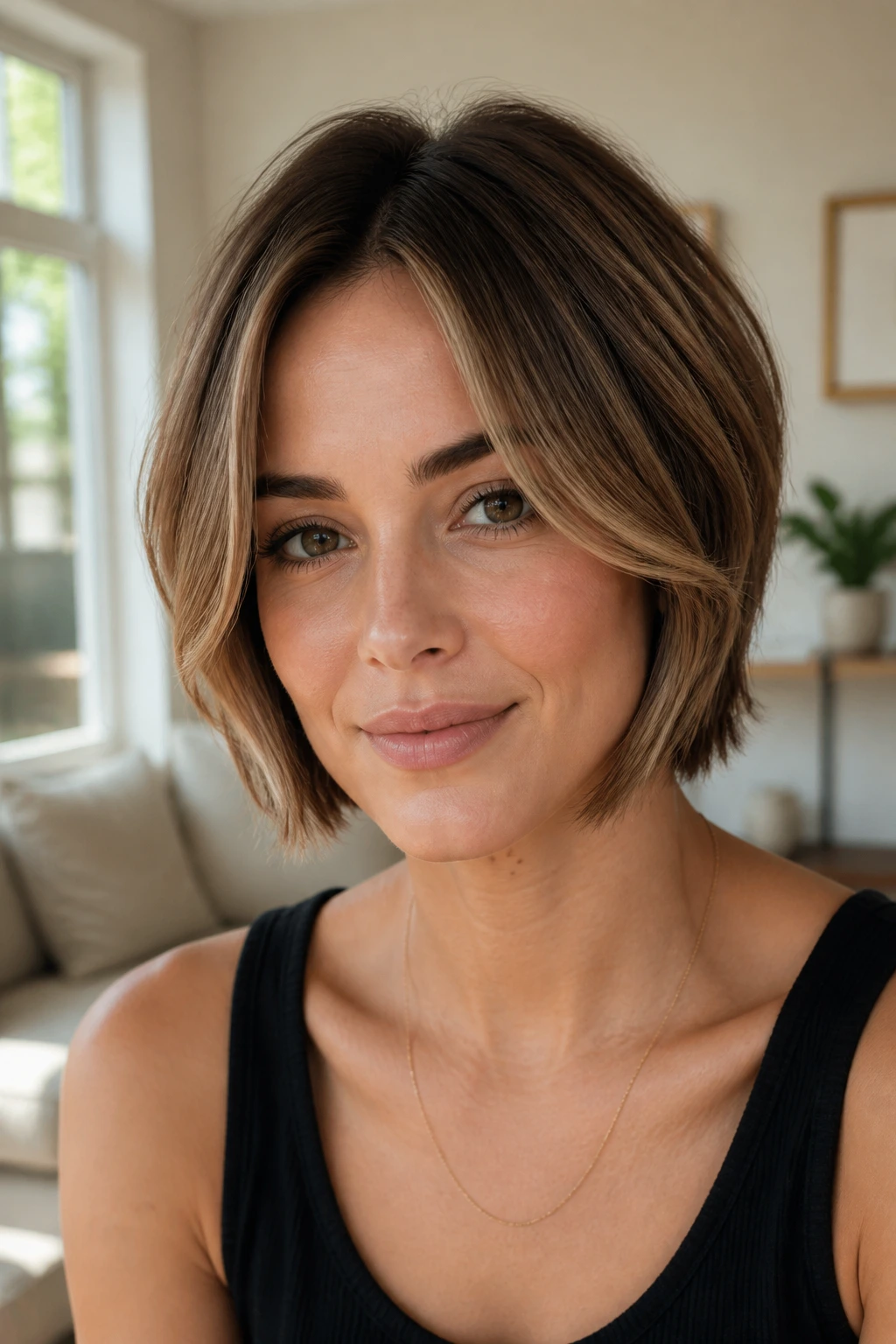 Close-up portrait of a real woman with a layered bob featuring face-framing pieces