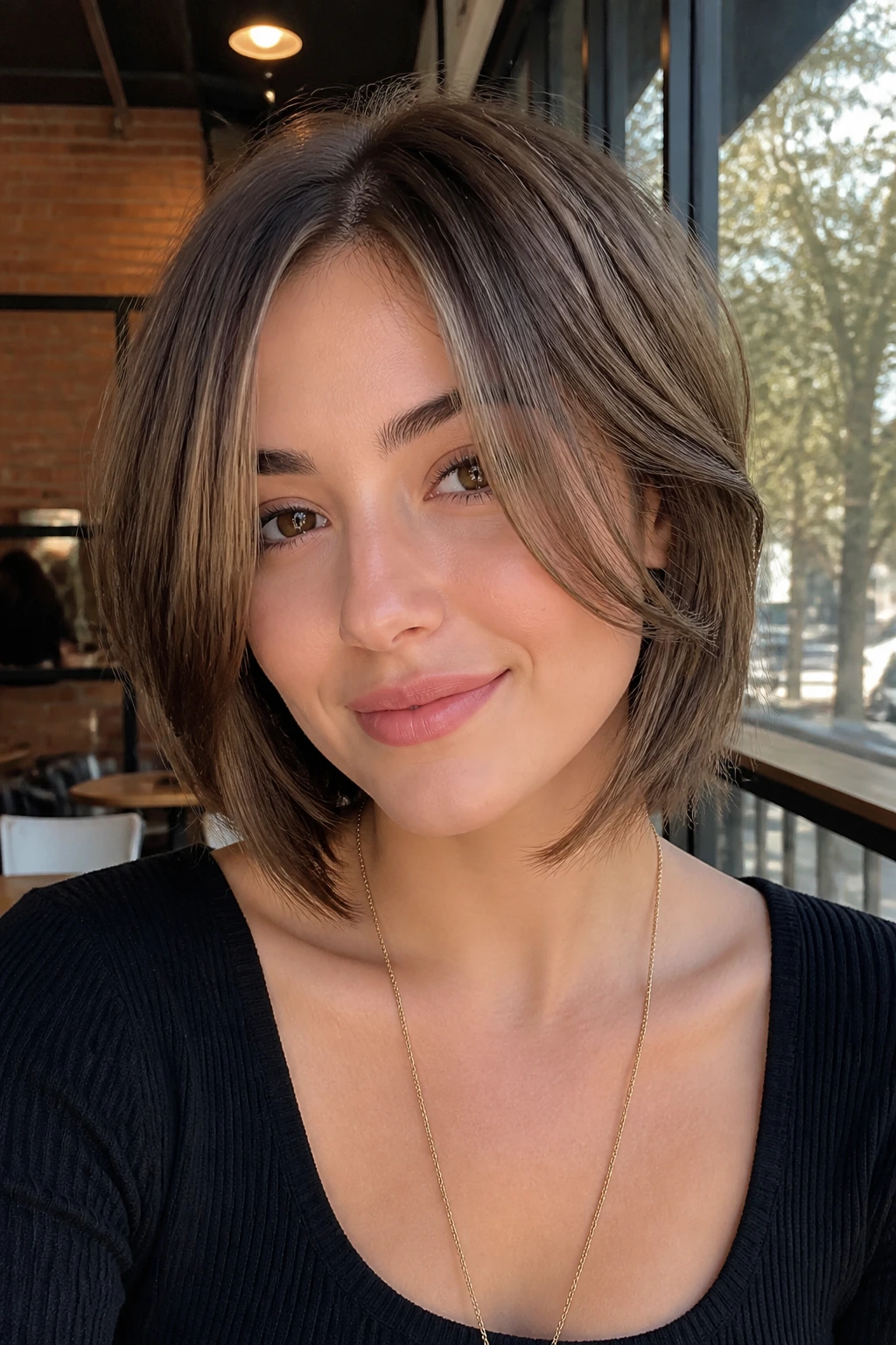 Layered bob with face-framing slices close-up on real person