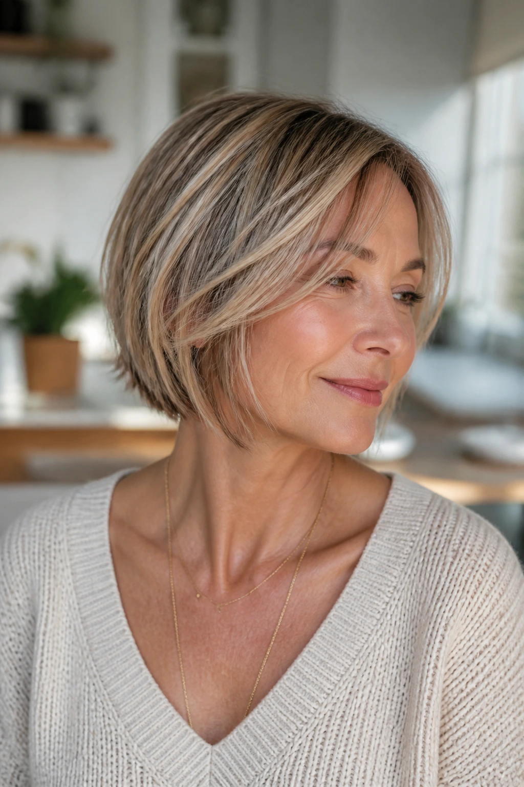 Portrait of a woman with a chin-length layered bob for fine hair