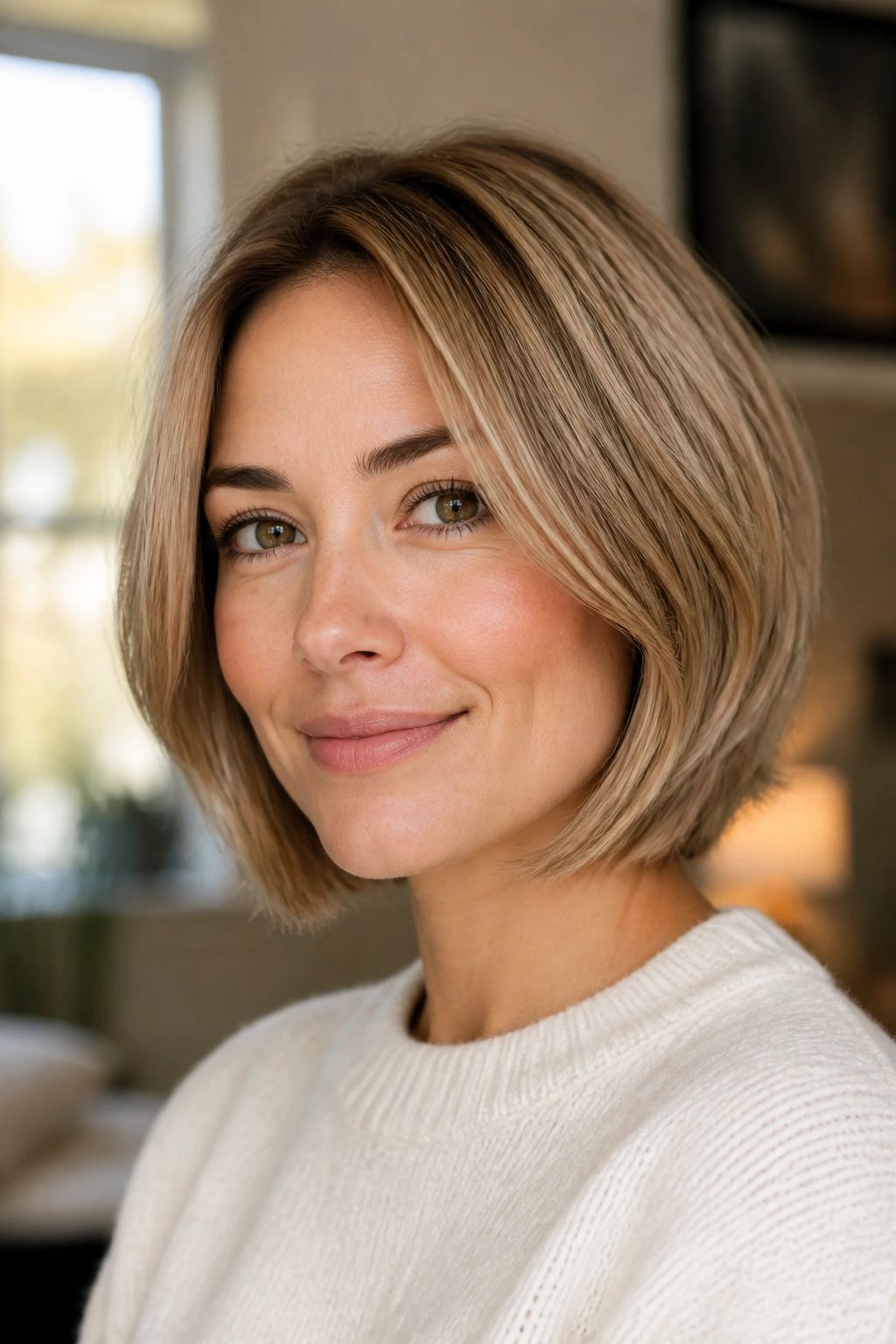 Portrait of a real woman with layered bob suited for fine straight hair showing hidden layers