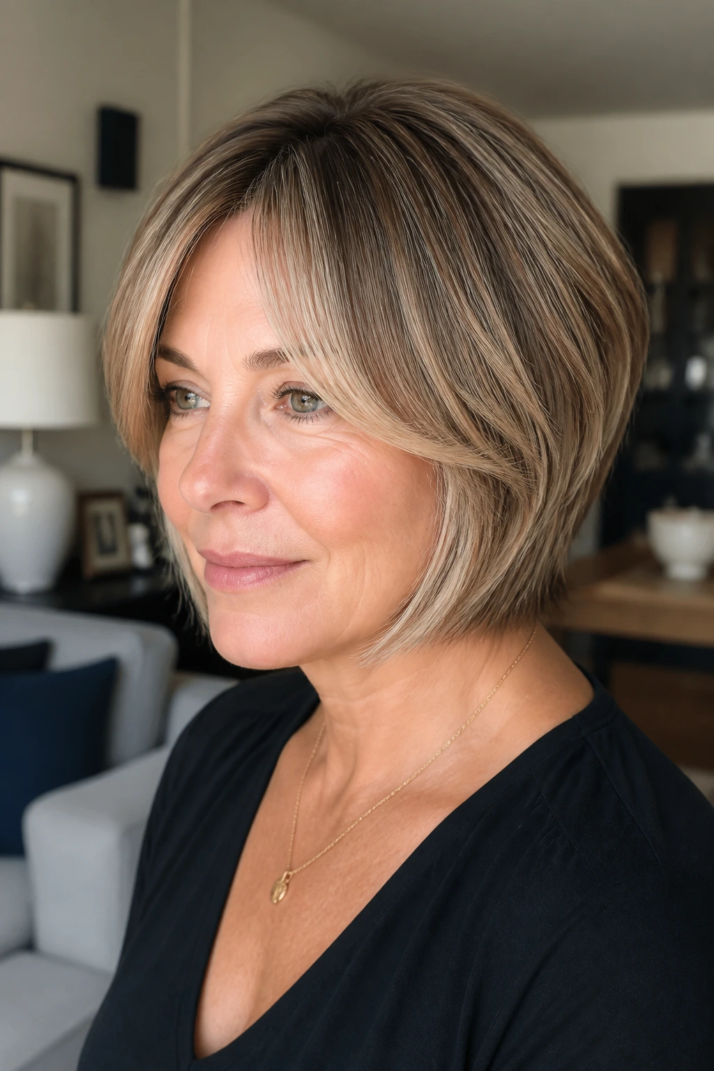 Close-up of a woman with layered bob and split curtain fringe highlighting vertical lines