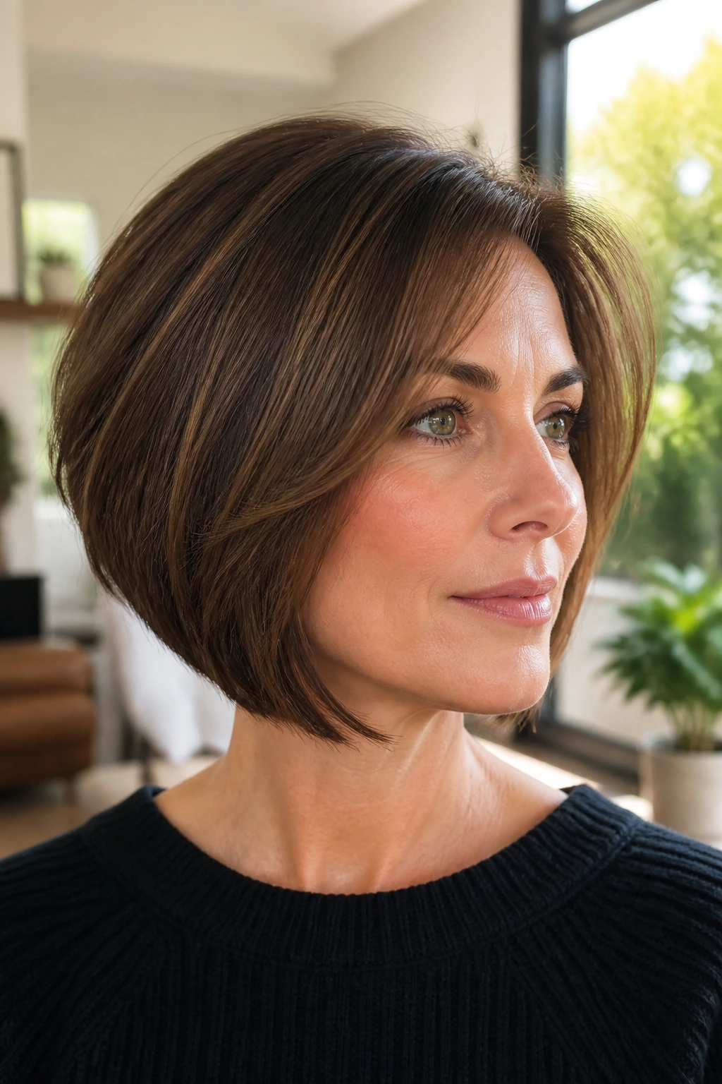 Portrait of a woman with a layered bob showing invisible interior layers