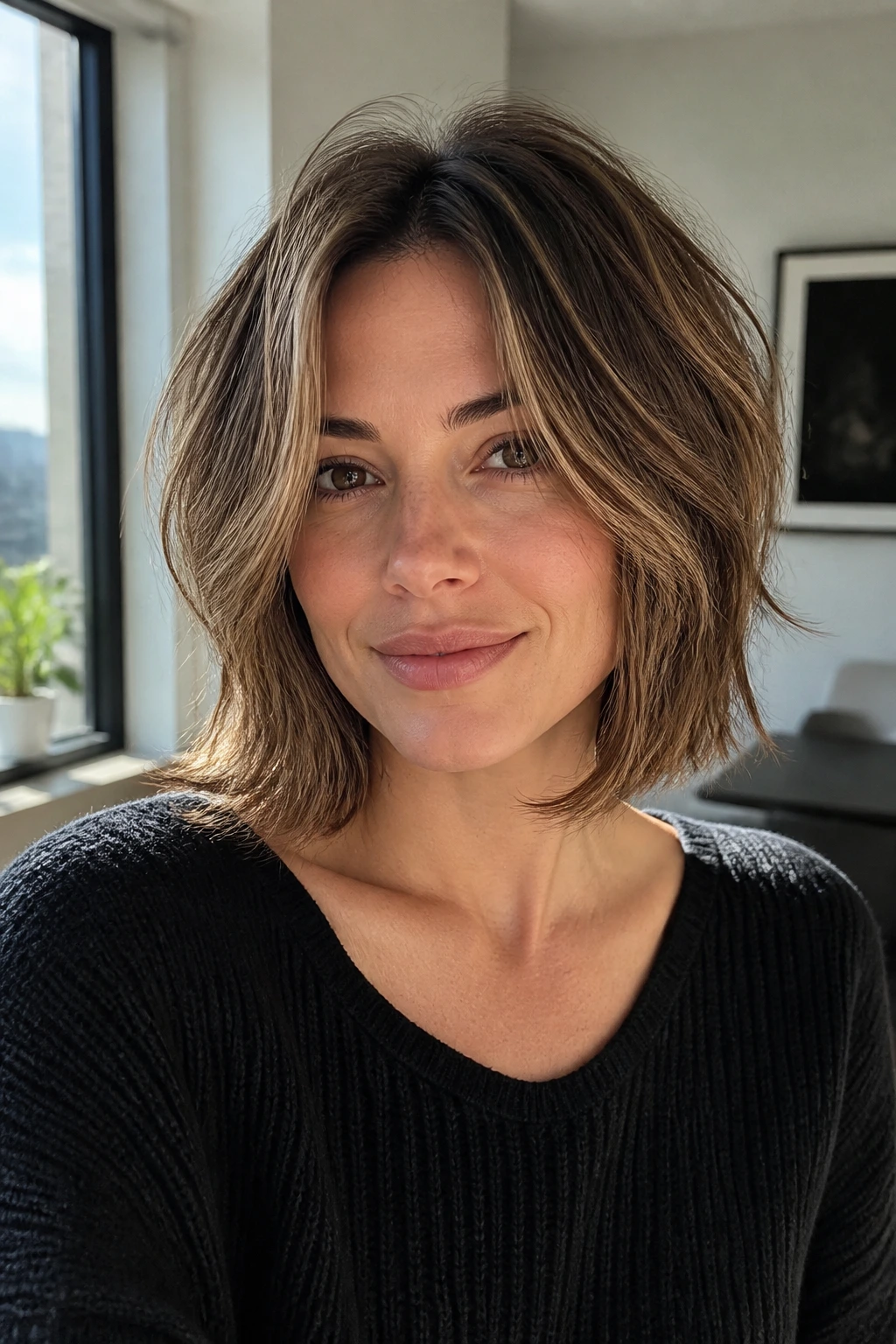 Close-up of a real woman with a layered medium-length bob illustrating interior layers and movement.