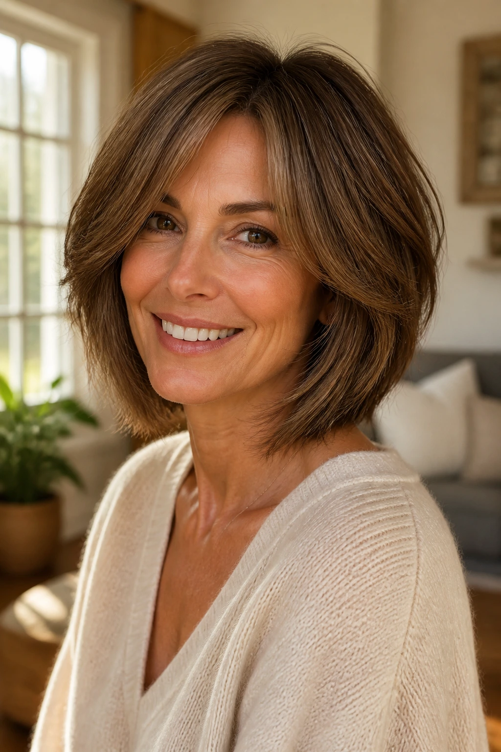 Portrait of a woman with layered bob lightening heavy hair