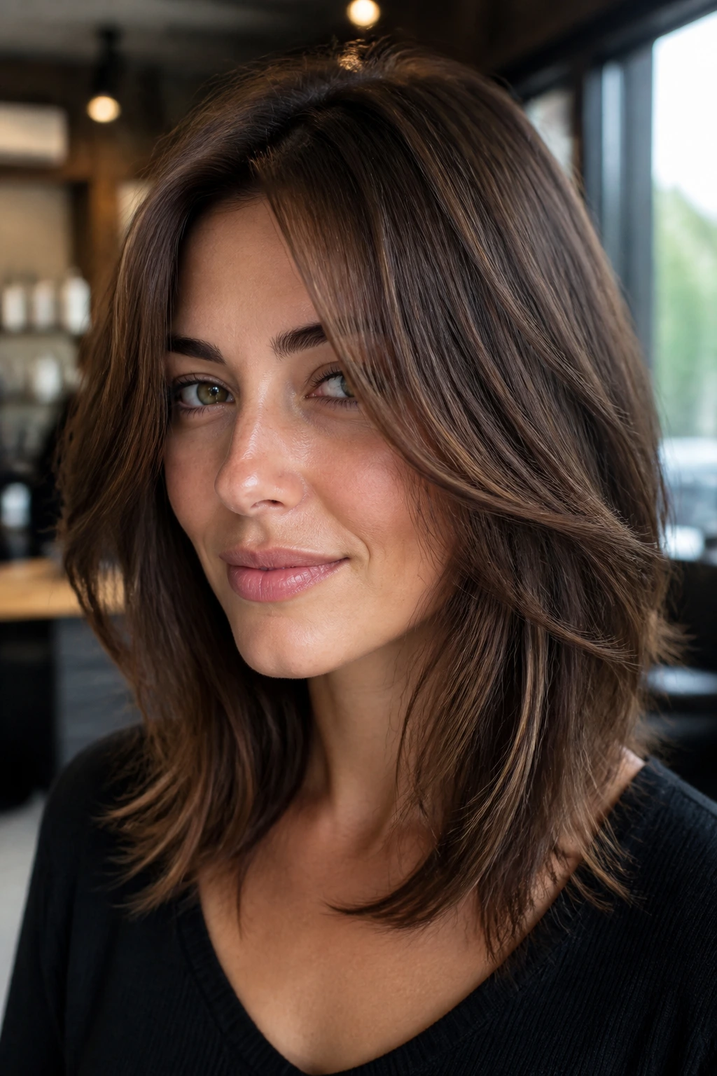 Close-up portrait of a real person with a long layered bob showing mid-length layers in natural daylight