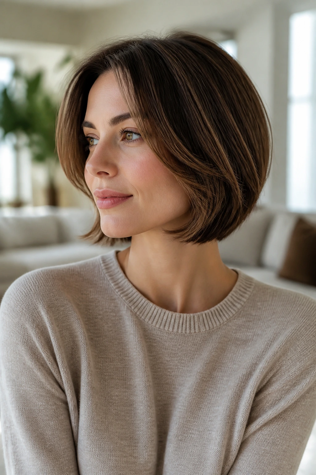 Real person with layered bob in a home setting showing maintained shape between visits