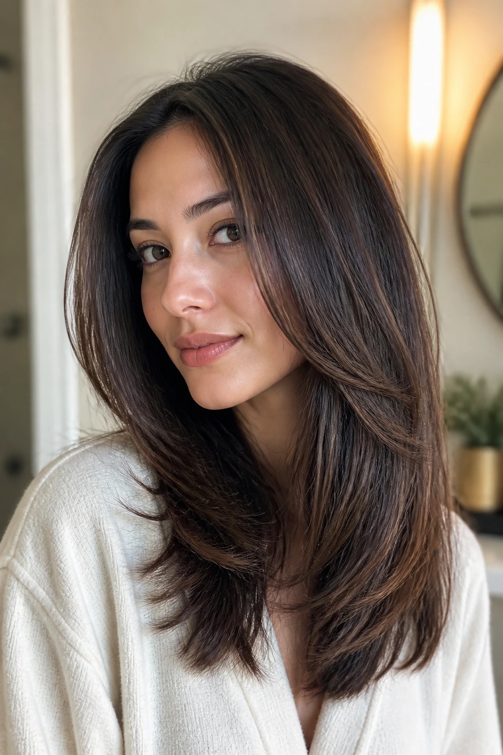 Real woman with long layered bob looking fresh and well-shaped between trims
