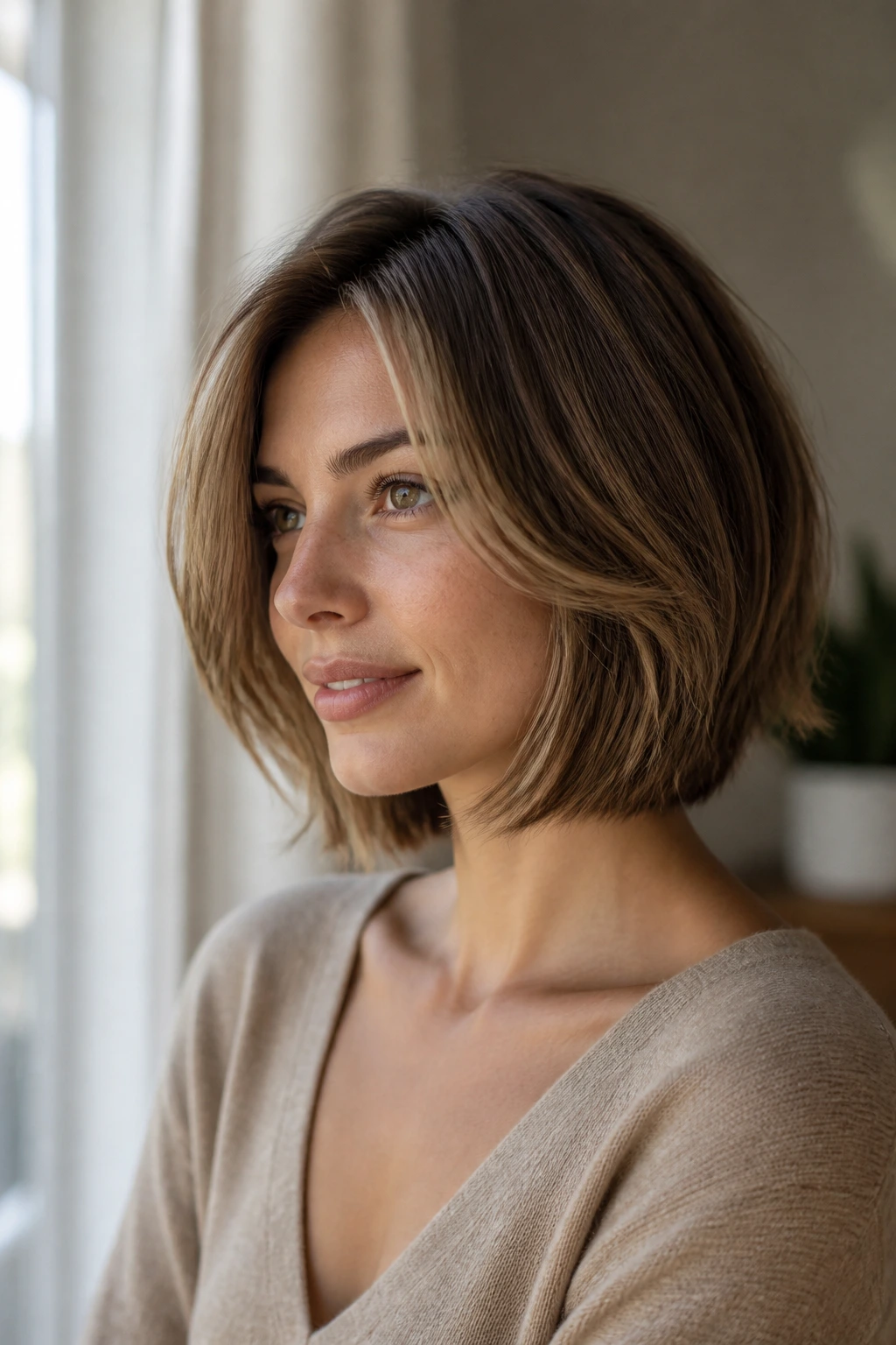 Close-up portrait of a real person with a layered bob showing interior layers and perimeter