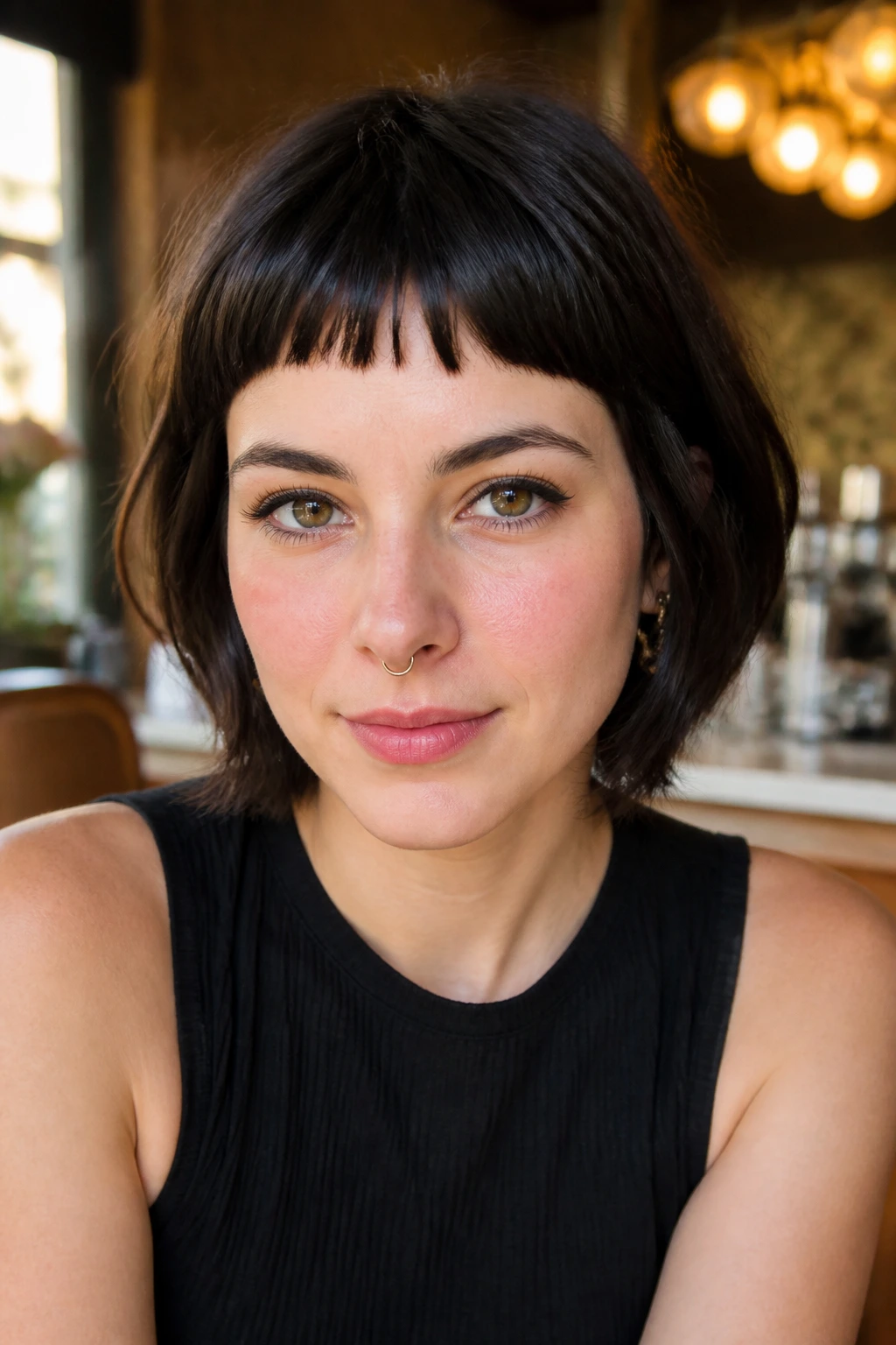 Close-up of a real person with micro bangs paired with a layered bob.