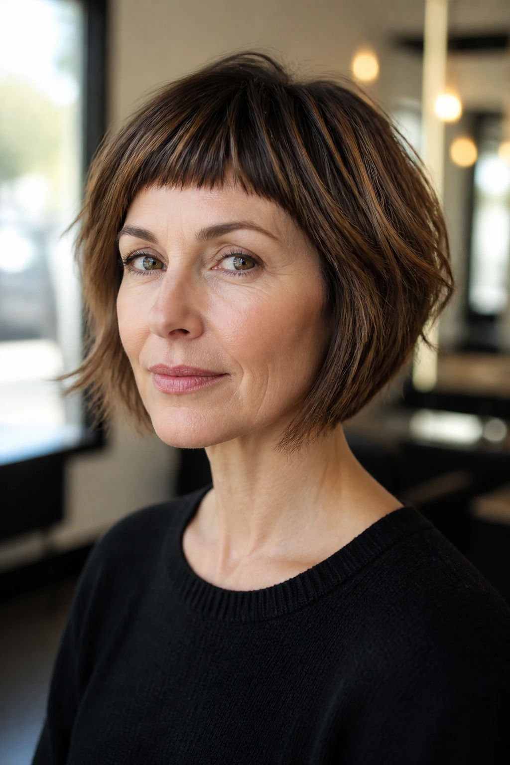 Close-up portrait of a real woman with layered bob and micro fringe under natural window light.