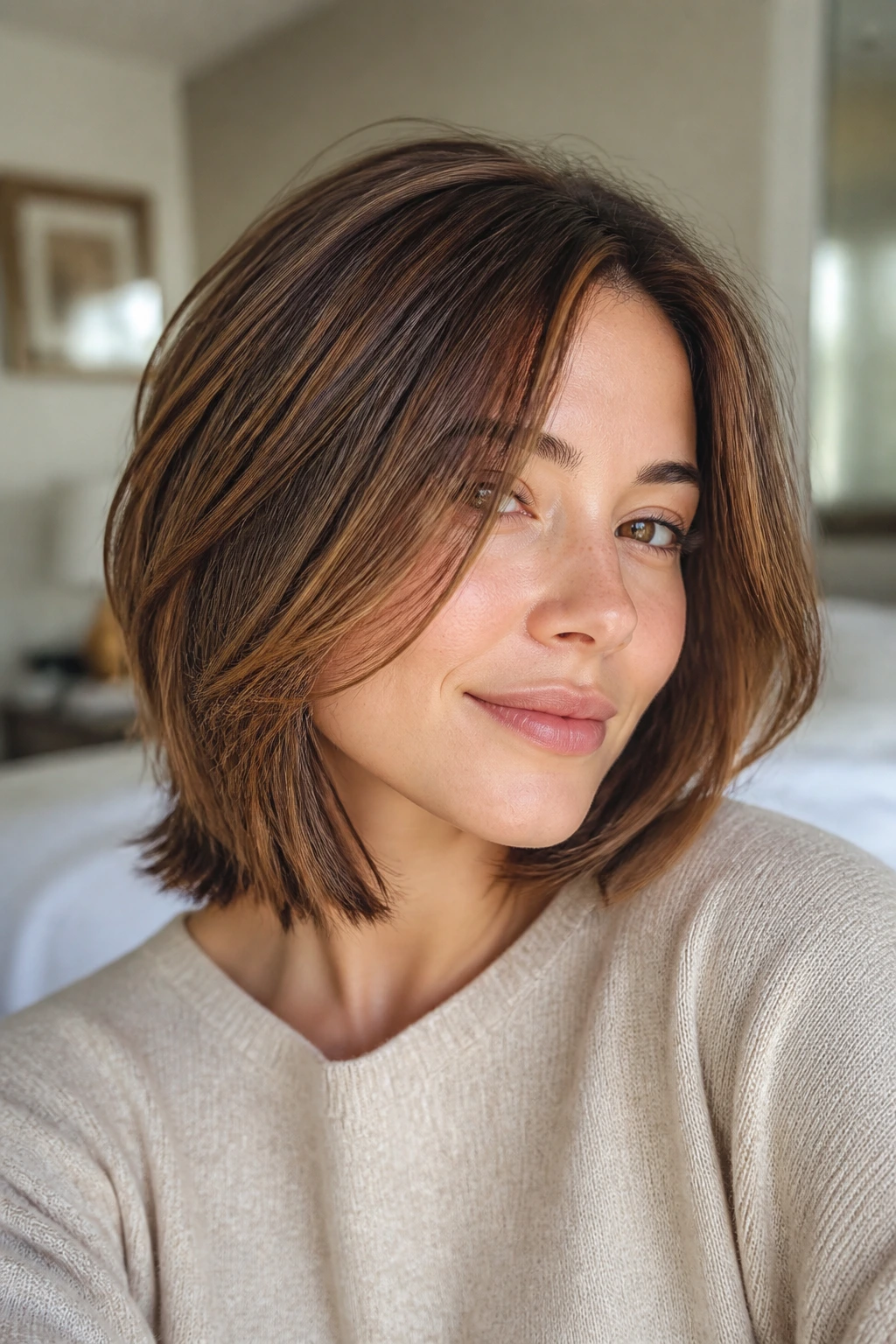 Close-up of a real woman with a layered medium bob in a morning light setting