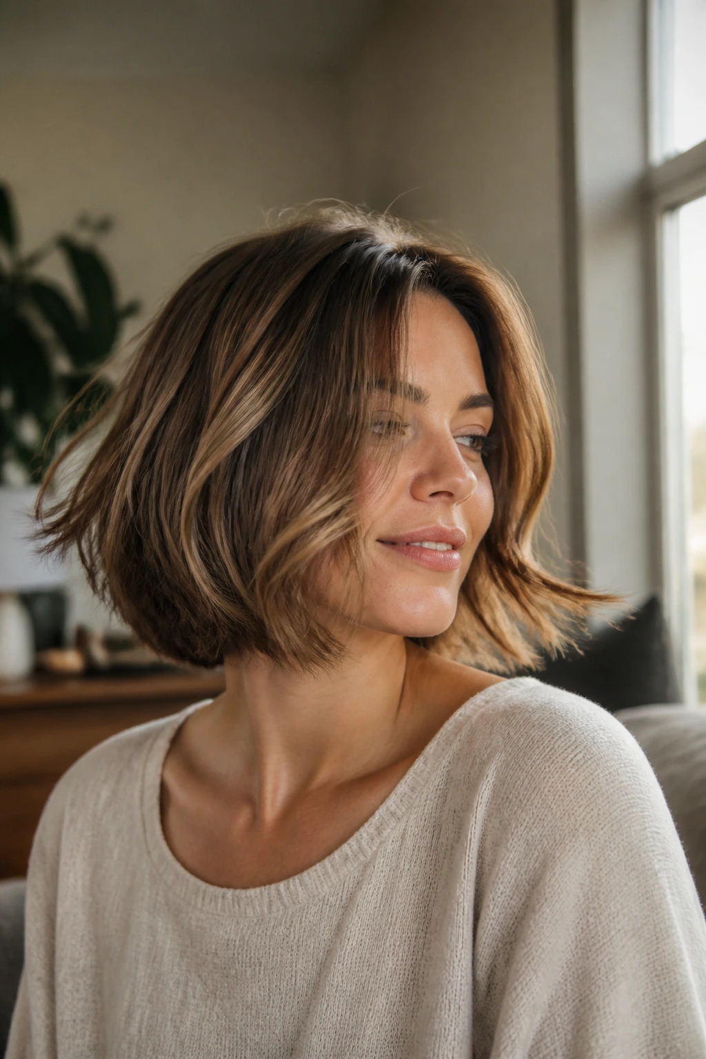 Close-up portrait of a real woman with layered bob showing movement in warm window light.