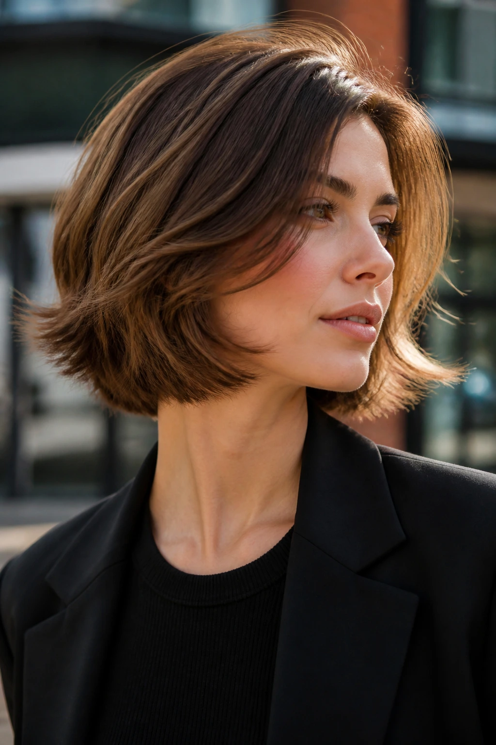 Portrait of a real woman with a layered bob showing movement as she turns her head