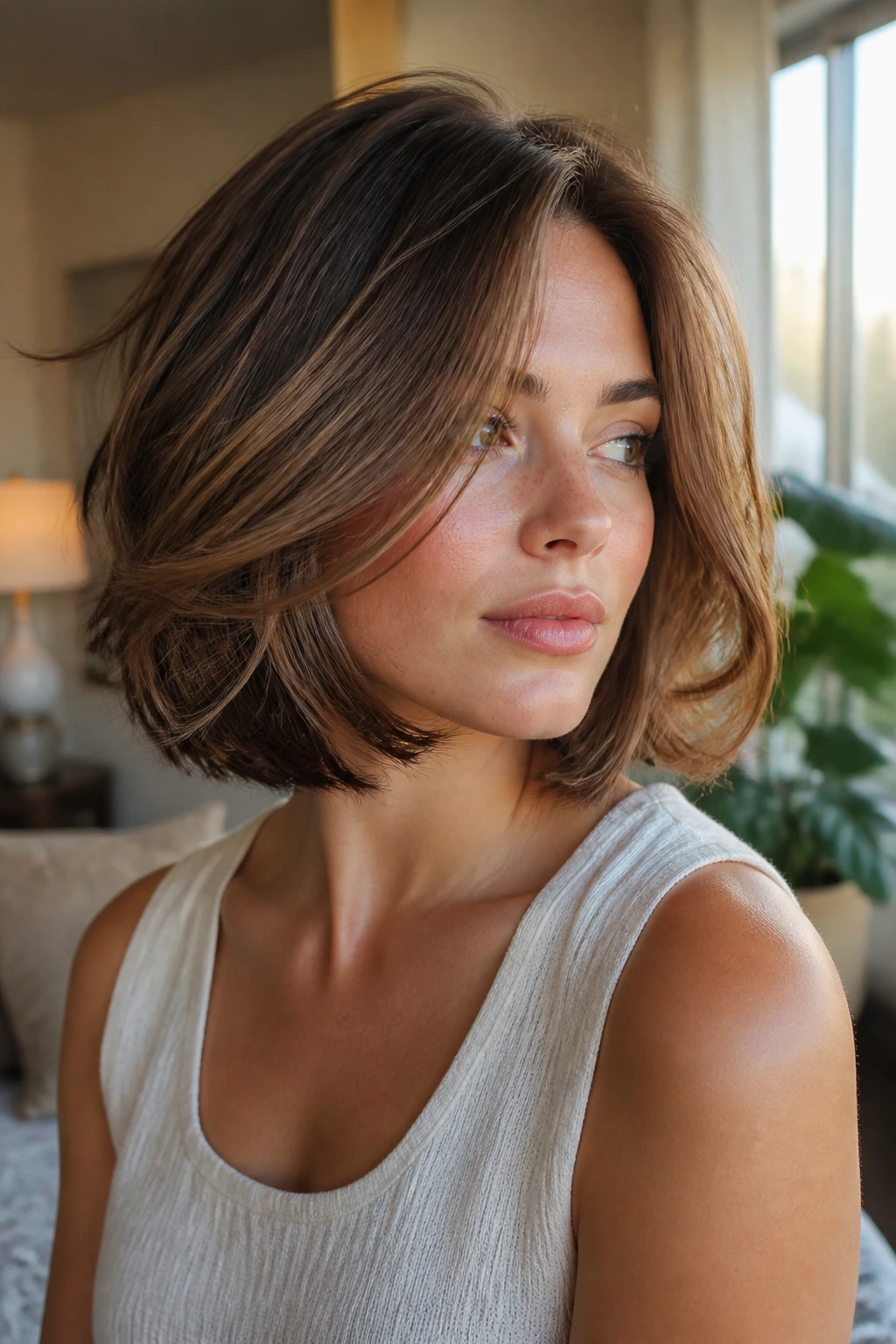 Close-up of a real woman with a layered bob showing movement and texture