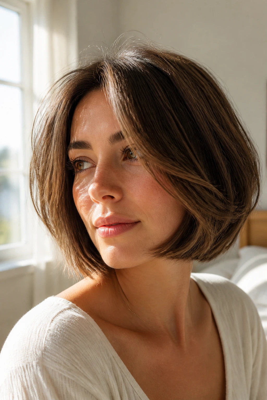 Close-up portrait of a real woman with layered bob showing movement in natural light