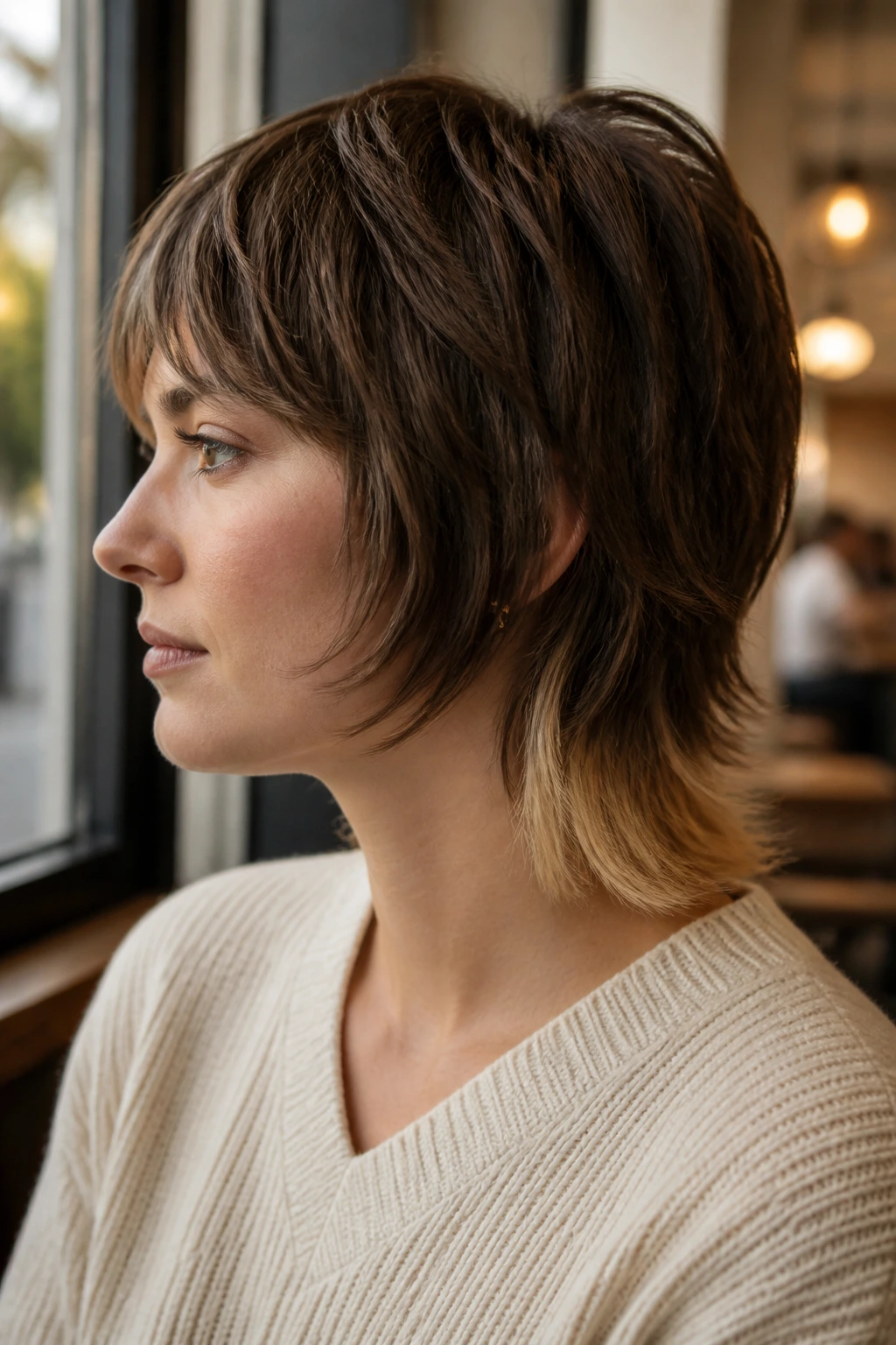 Close-up portrait of a real person with layered bob mullet in a cafe setting