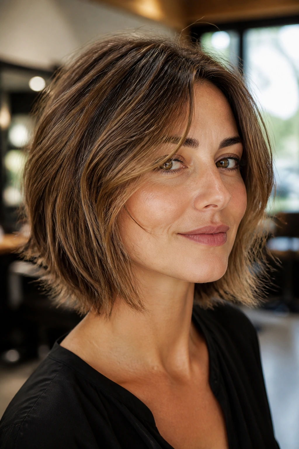 Close-up portrait of a real person with a medium-length layered bob showing soft layers and a clean perimeter in warm salon light