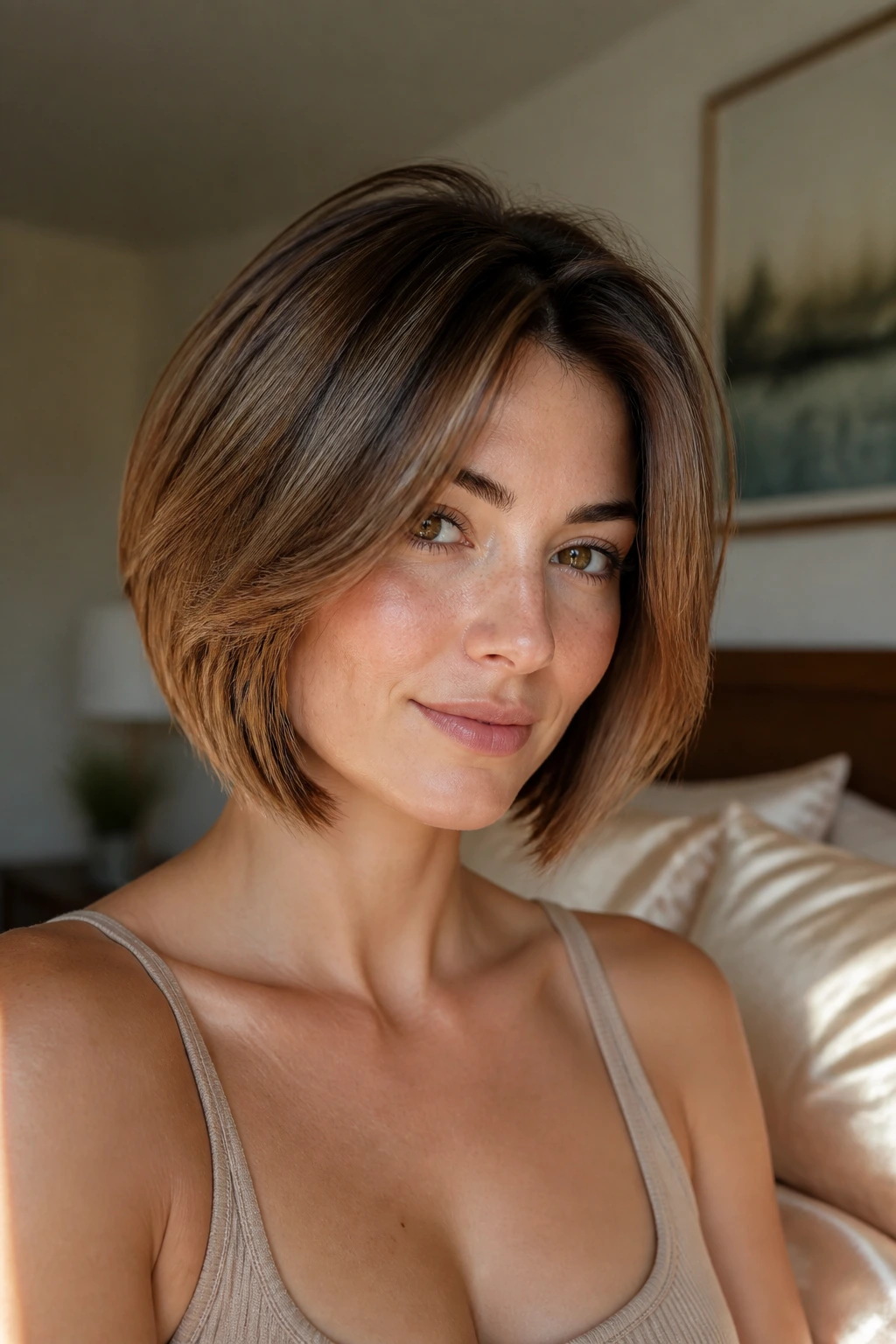 Portrait of layered bob showing clean silhouette between trims with silk pillow backdrop