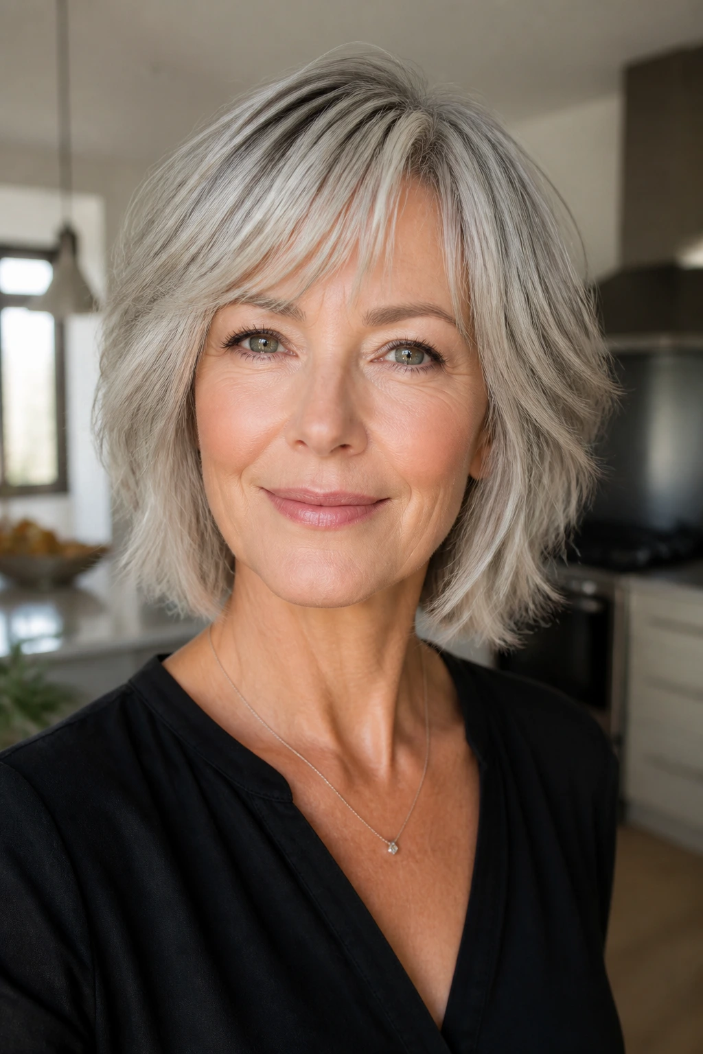 Close-up of a woman with layered bob and piecey ends