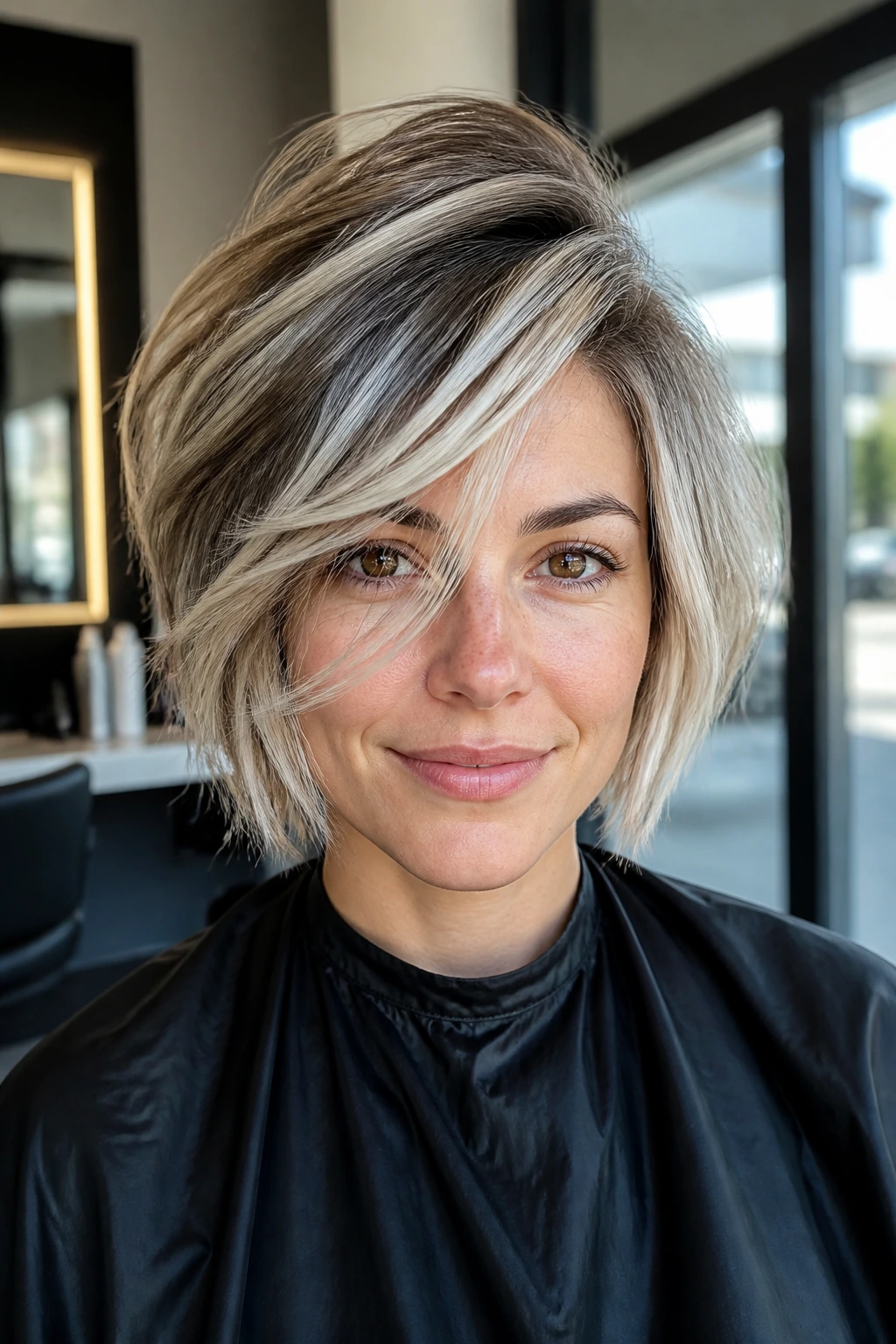 Portrait of a real woman with a deeply layered bob and platinum ribbon balayage.