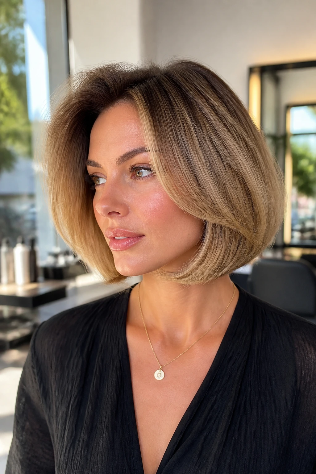 Real person with a polished layered bob styled with ends under, in a sunlit salon corner.